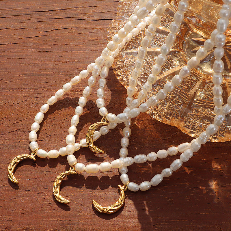 Luna Pearl Necklace – Freshwater Pearls & Gold-Plated Moon Pendant - House Of Jedidiah