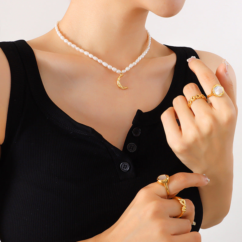 Luna Pearl Necklace – Freshwater Pearls & Gold-Plated Moon Pendant - House Of Jedidiah