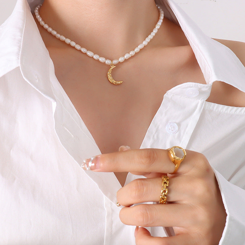 Luna Pearl Necklace – Freshwater Pearls & Gold-Plated Moon Pendant - House Of Jedidiah