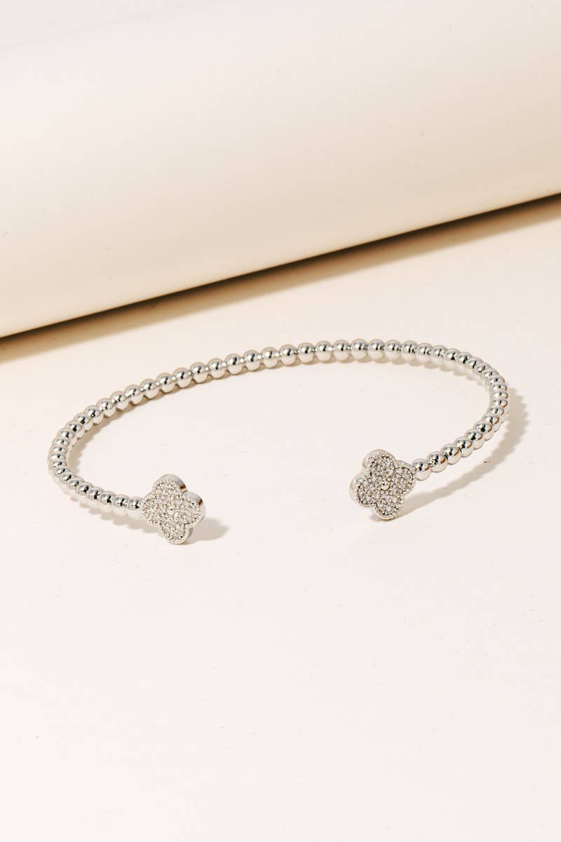 Double Cz Pave Clovers Solid Ball Bead Cuff Bracelet - House Of Jedidiah