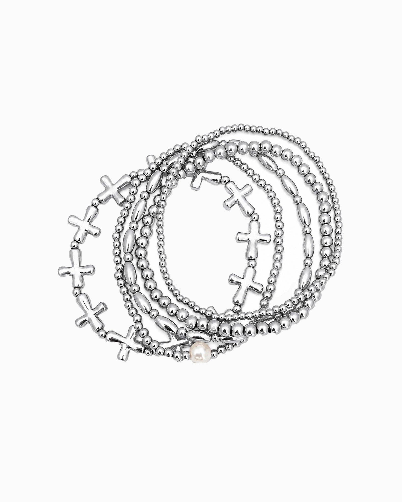 Cross & Pearl 5-Piece Stretch Bracelet Set