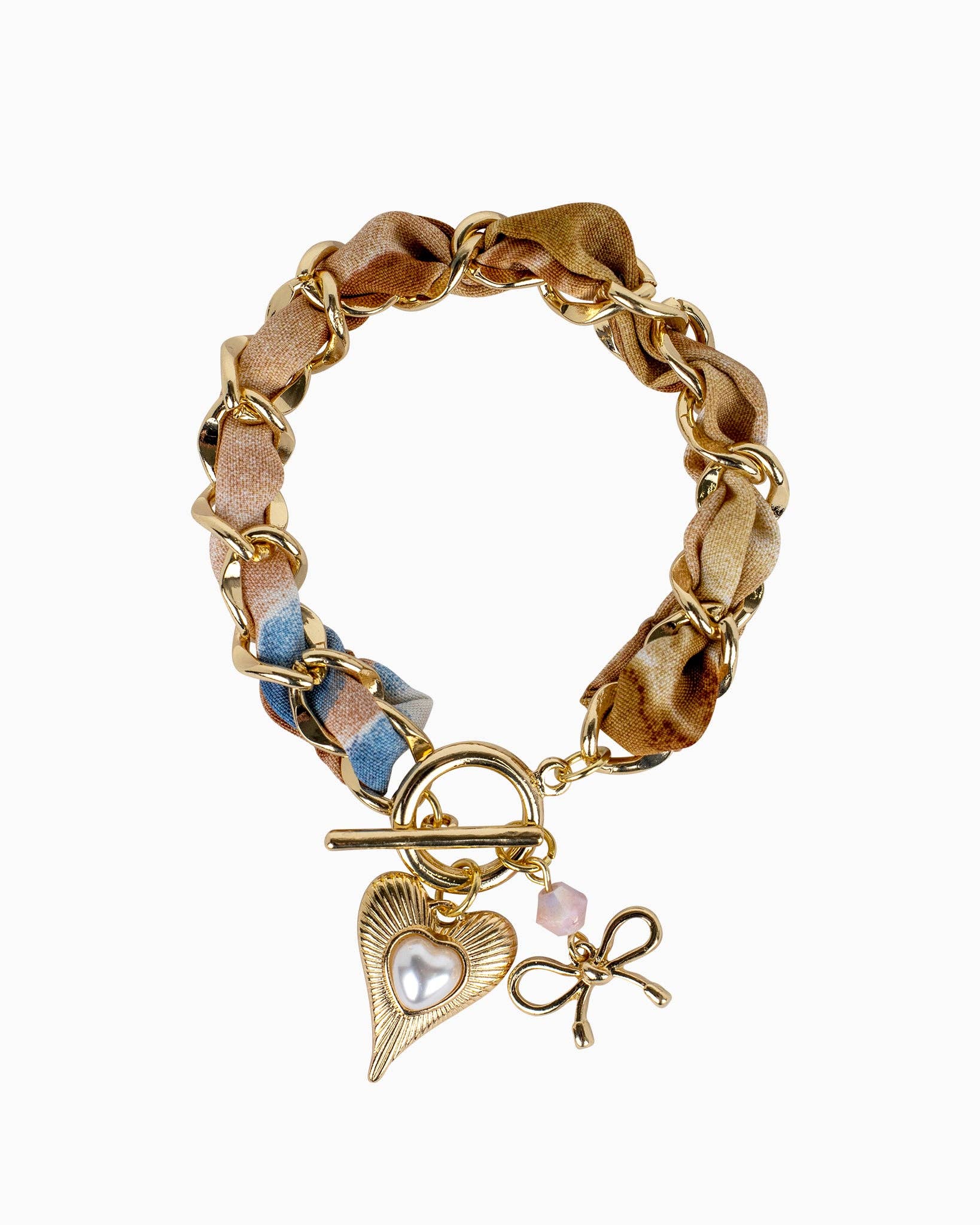 Floral Fabric Chain Link With Pearl Heart Charm Bracelet