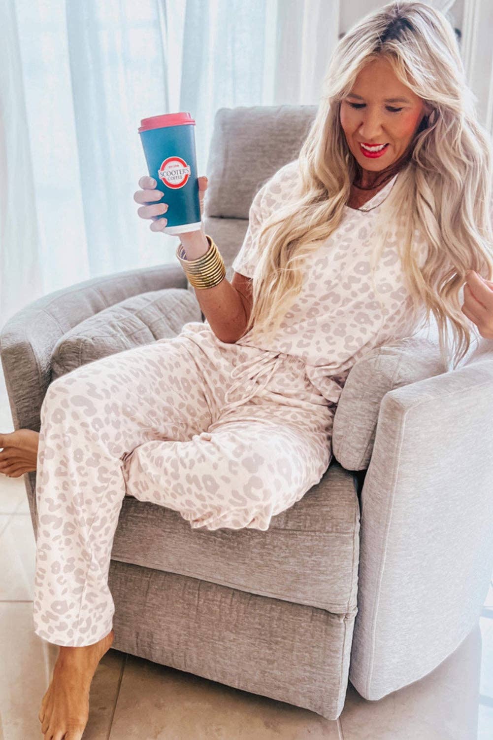 Beige Cheetah V Neck Tee and Pants Lounge Set - House Of Jedidiah