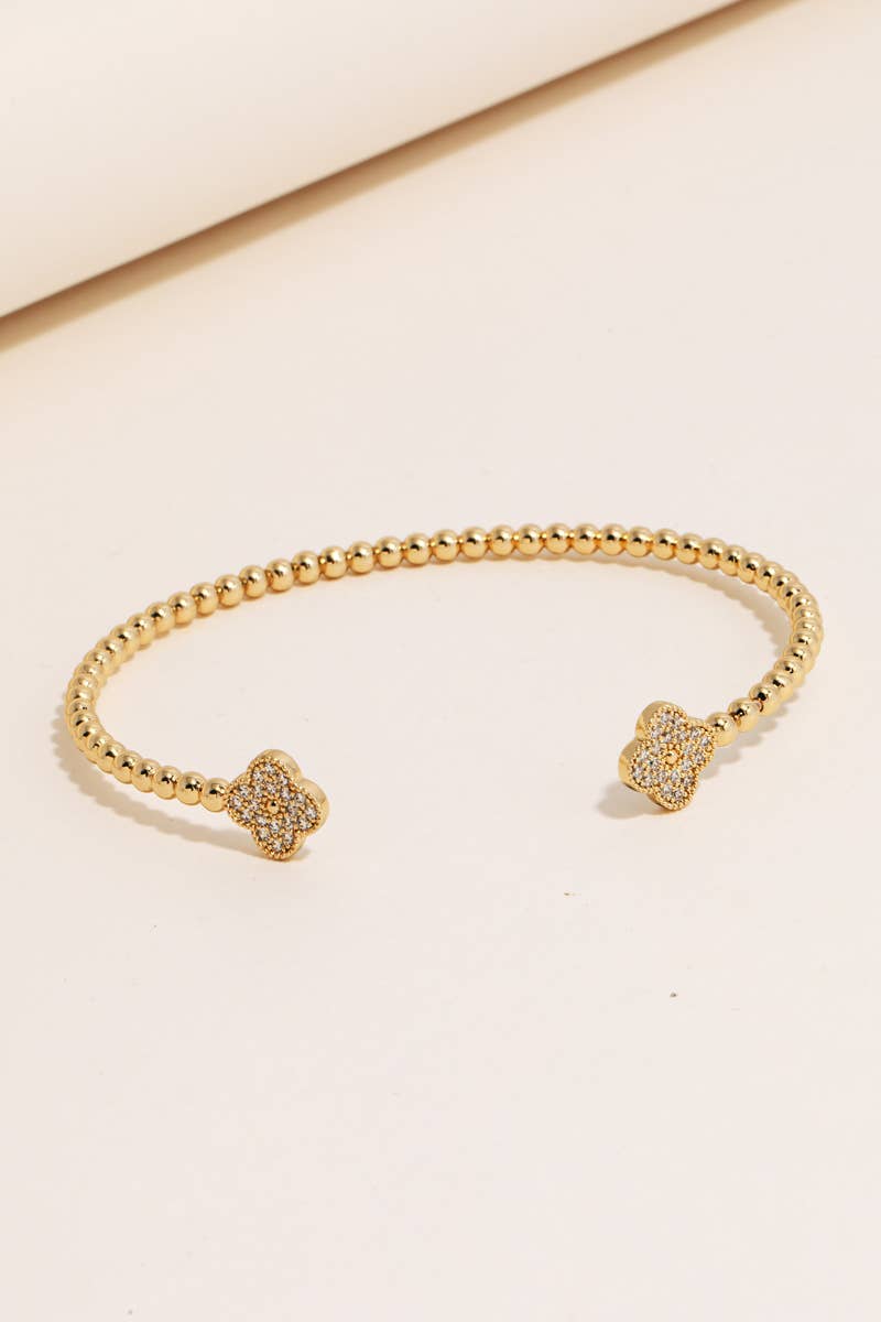 Double Cz Pave Clovers Solid Ball Bead Cuff Bracelet - House Of Jedidiah