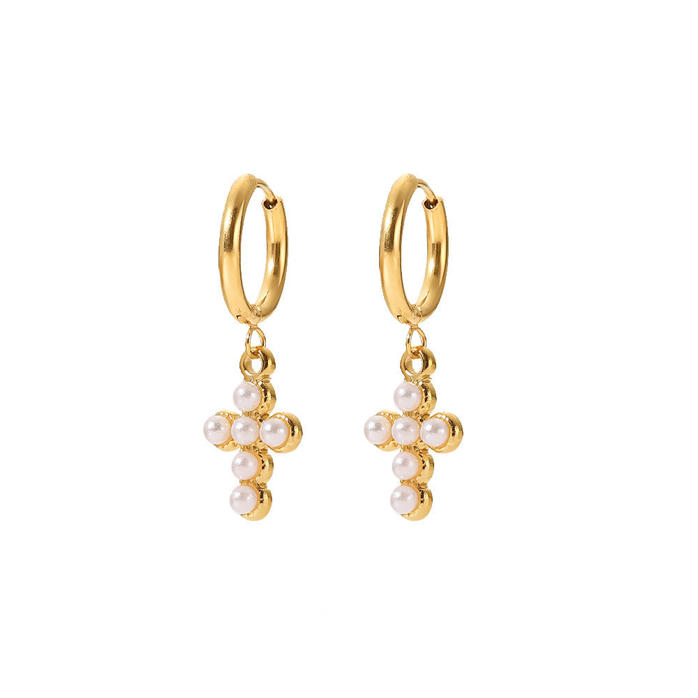 Capri Gold Pearl Cross Earrings - House Of Jedidiah