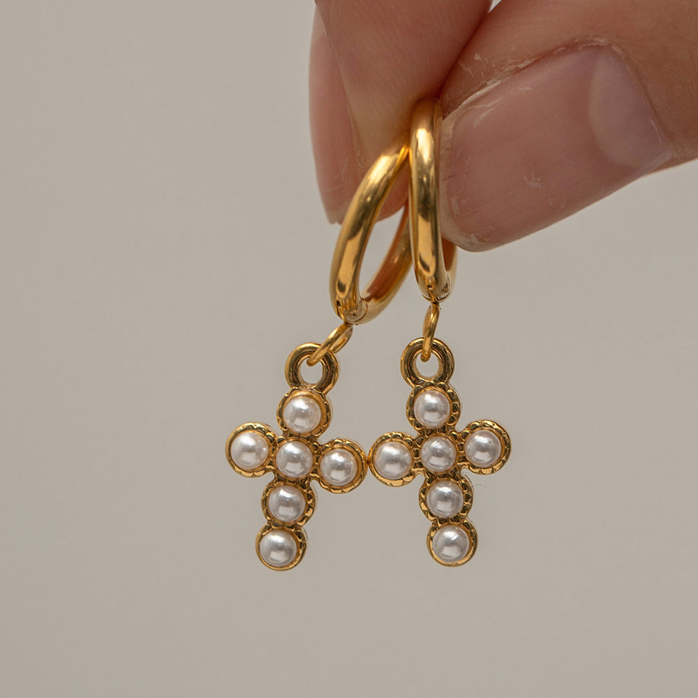 Capri Gold Pearl Cross Earrings - House Of Jedidiah