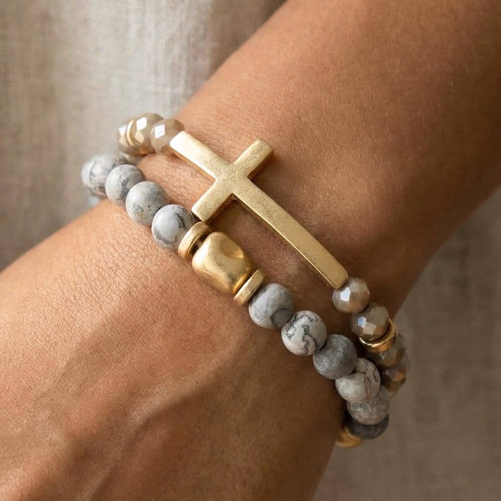 Cross Charm Stone Beaded Bracelet Set - House Of Jedidiah