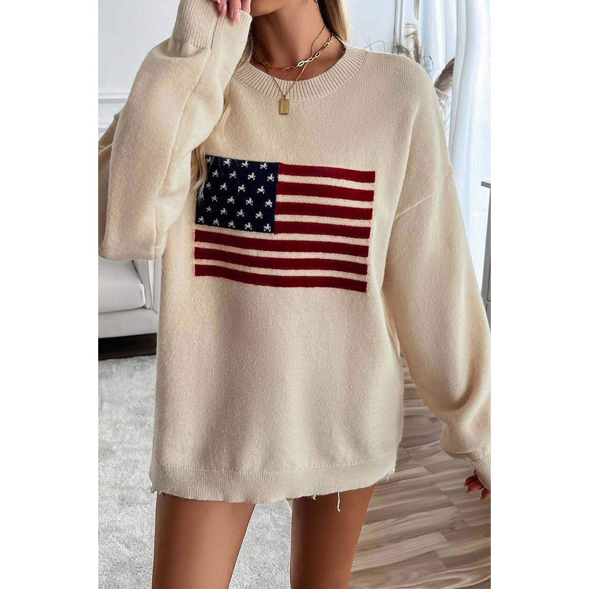 Knit Round Neck Flag Print Loose Fit Sweater - House Of Jedidiah