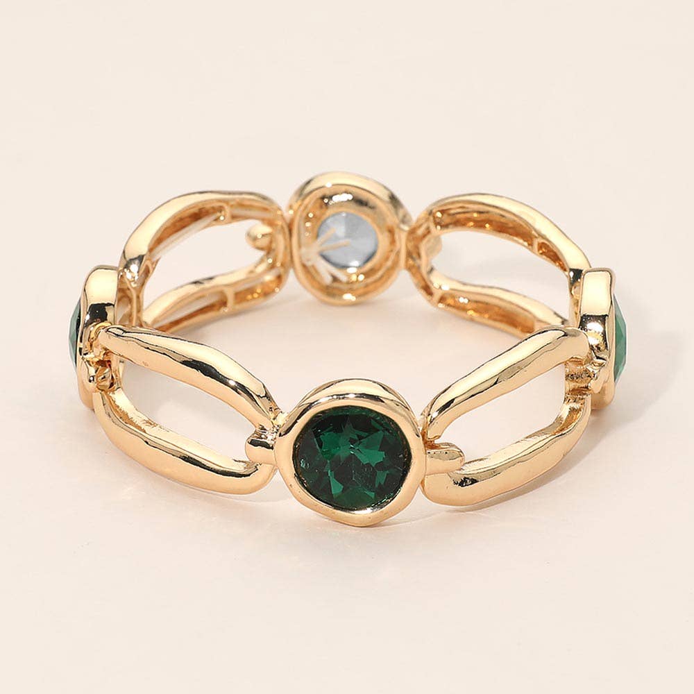Round Crystal Hammered Metal Open Oval Stretch Bracelet