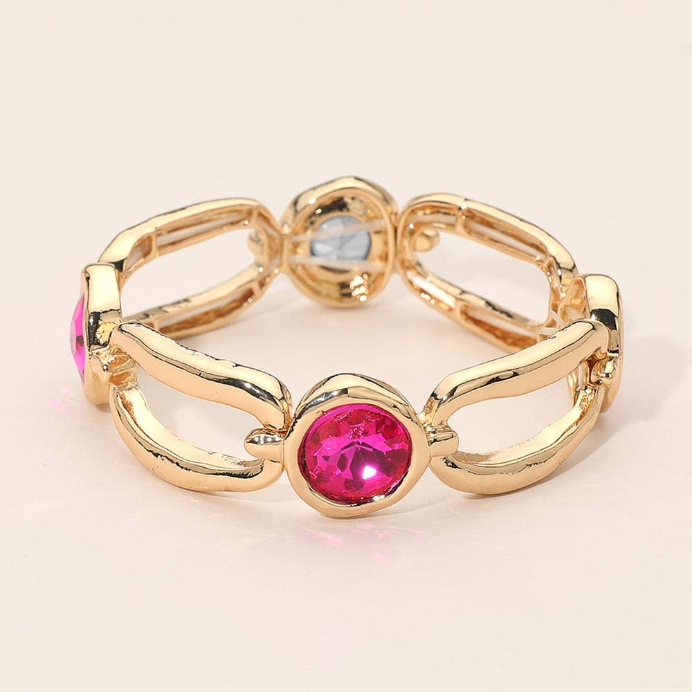 Round Crystal Hammered Metal Open Oval Stretch Bracelet