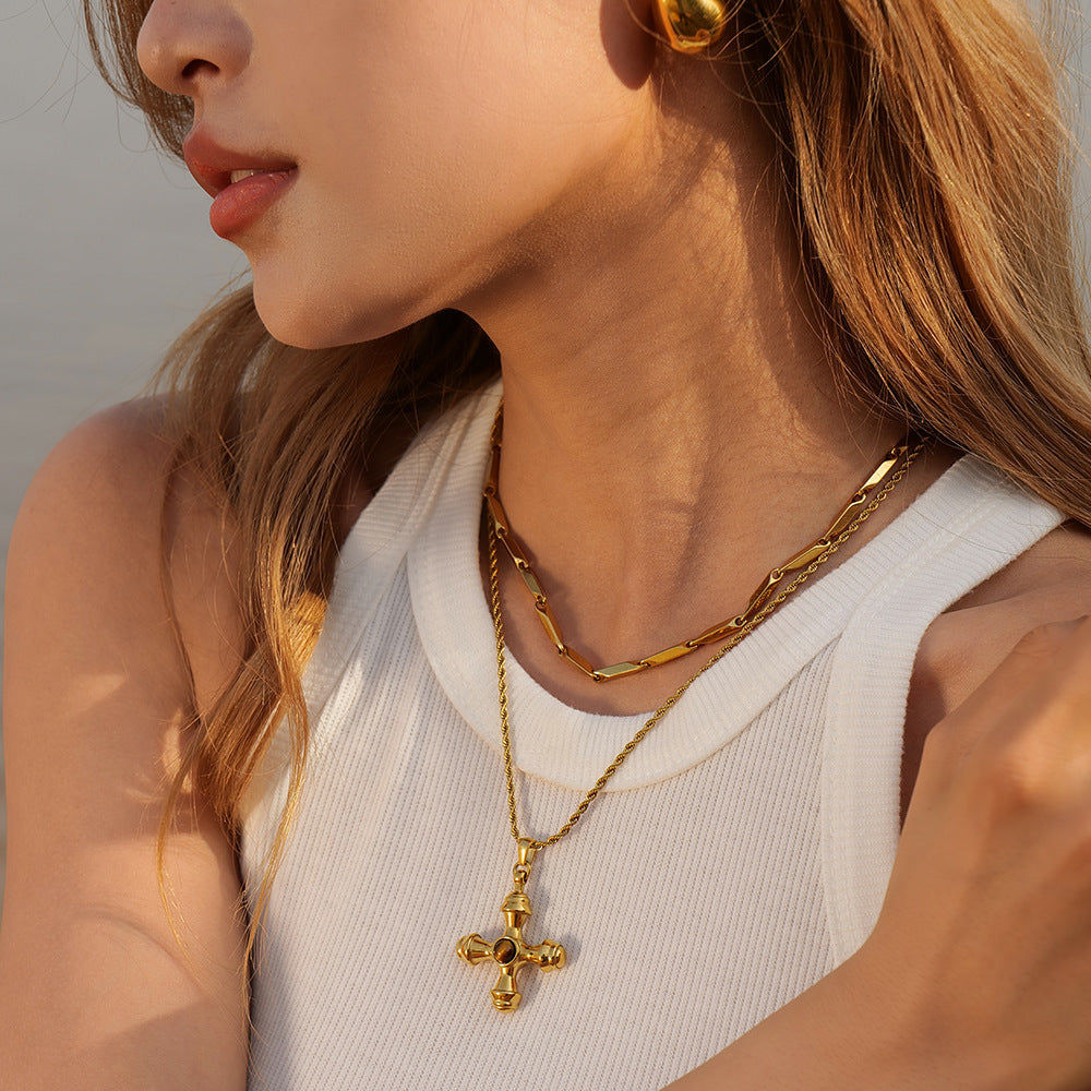 Christian gold cross necklace with Tiger Eye crystal, tarnish-free and hypoallergenic