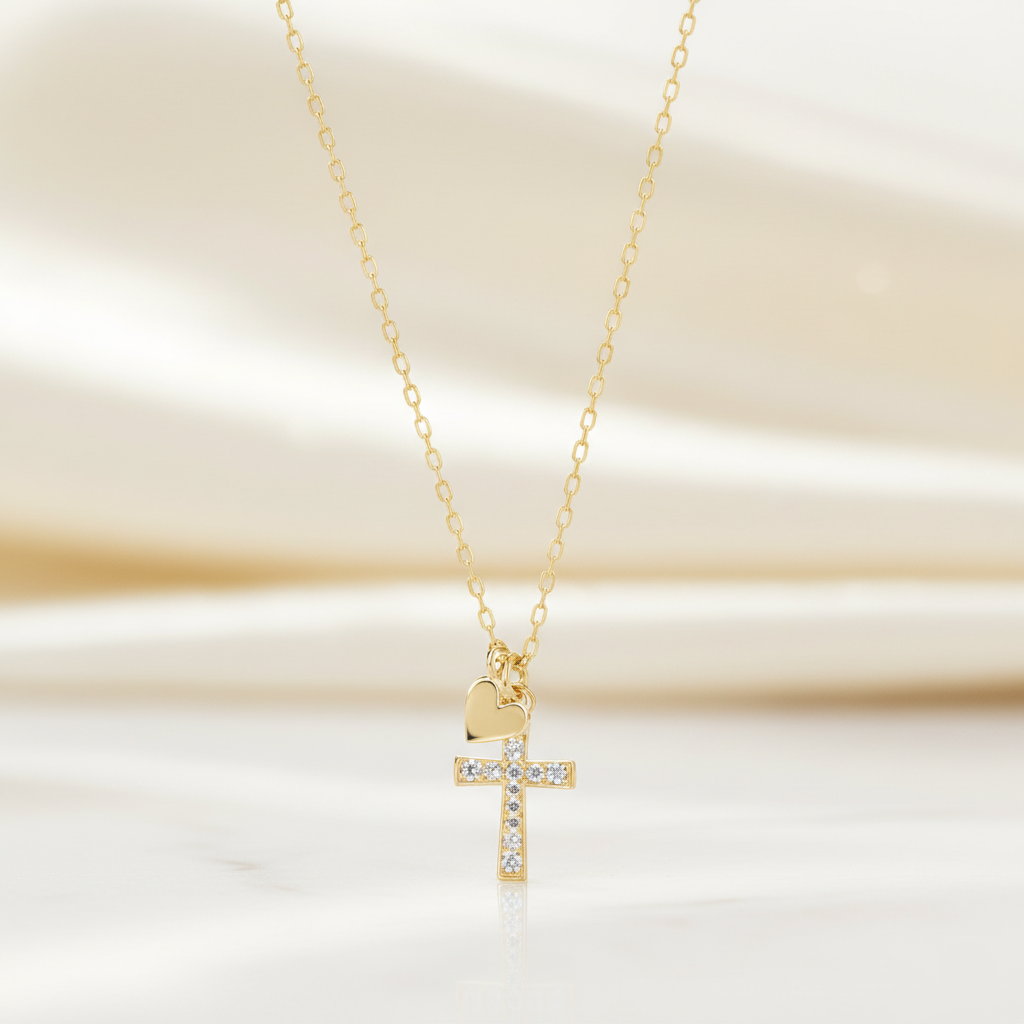 Gold necklace with a cross pendant and a heart on a soft beige background