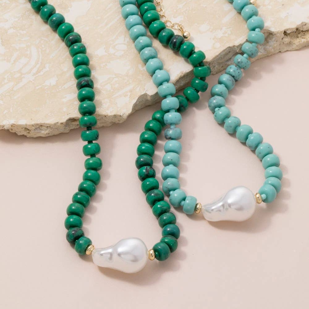 Turquoise Rondelle & Baroque Pearl Beaded Necklace - House Of Jedidiah