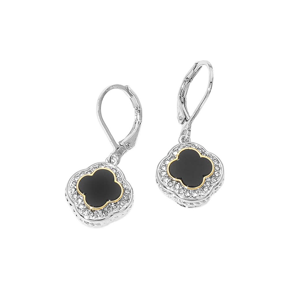 14K Gold Plated CZ Pave Rim Quatrefoil Charm Drop Earrings