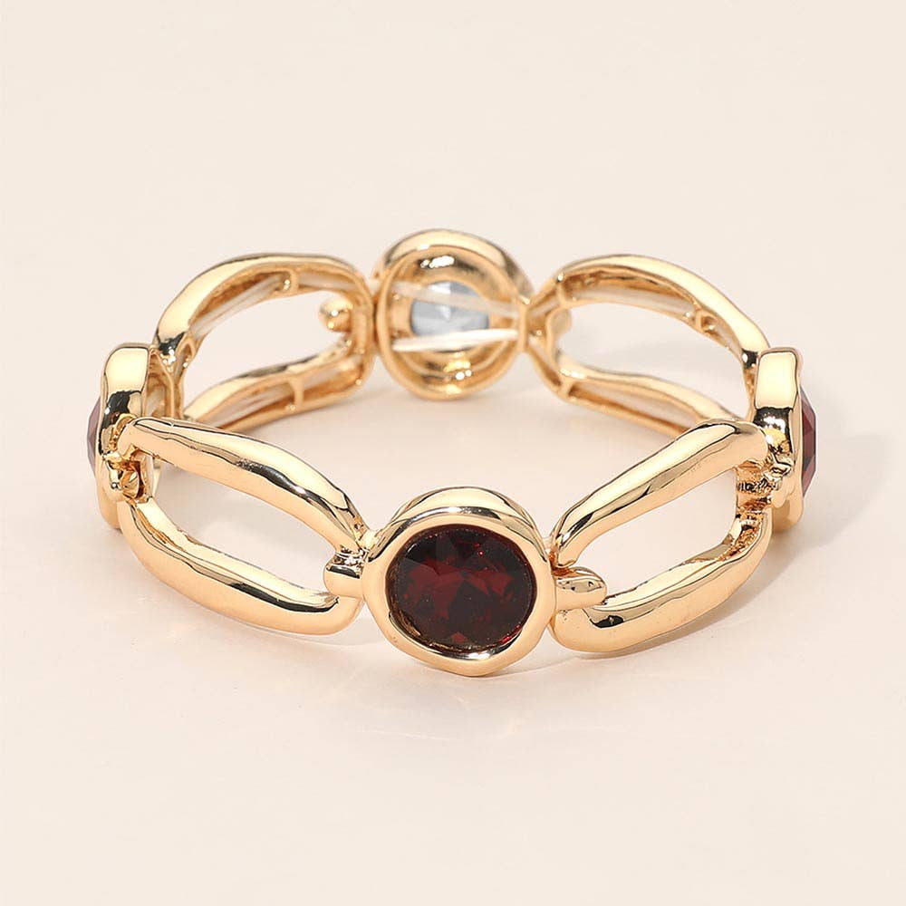 Round Crystal Hammered Metal Open Oval Stretch Bracelet