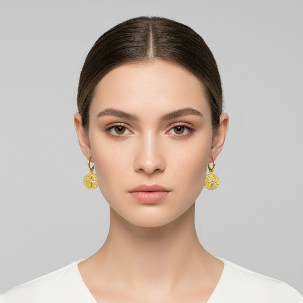 Model wearing Elba Starburst Hoop Earrings with six-point starburst and tiny stone