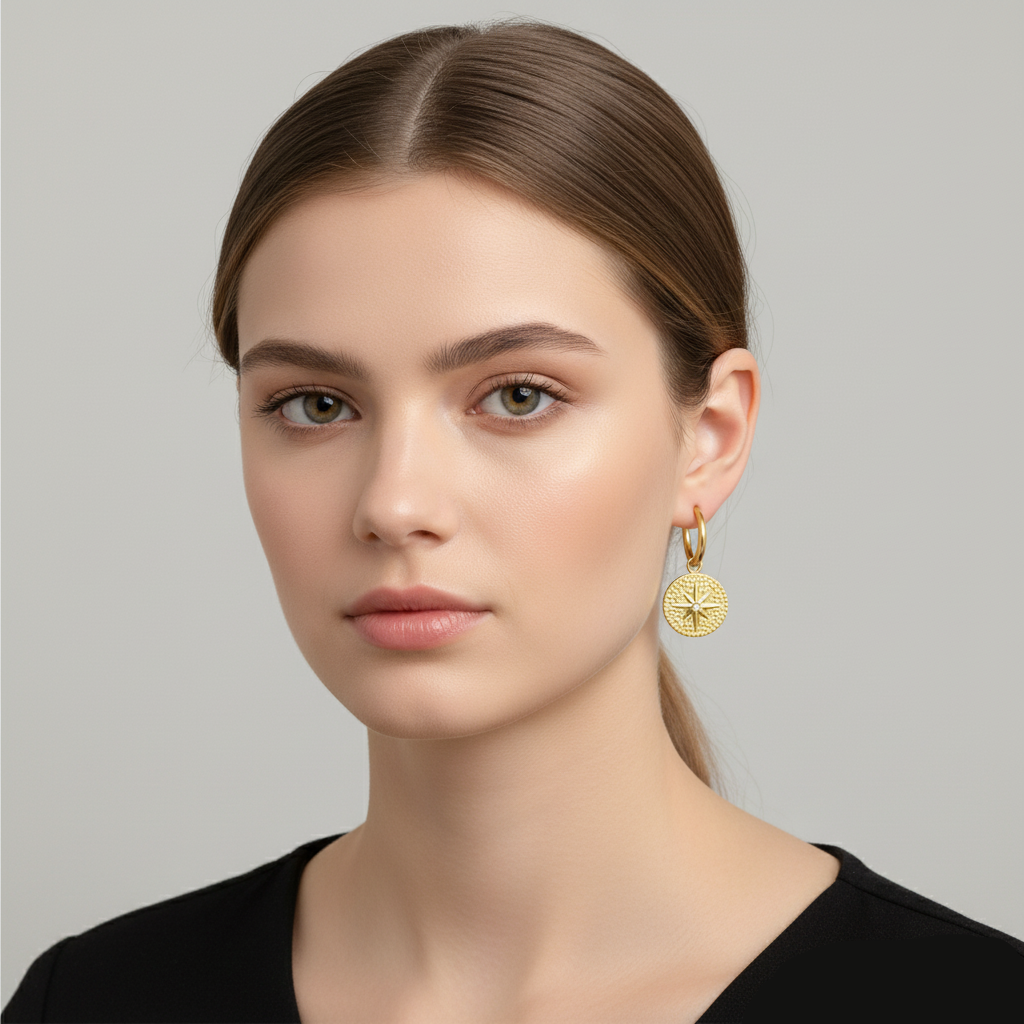 Side view of model wearing Elba Starburst Hoop Earrings showing polished gold and tiny center stone