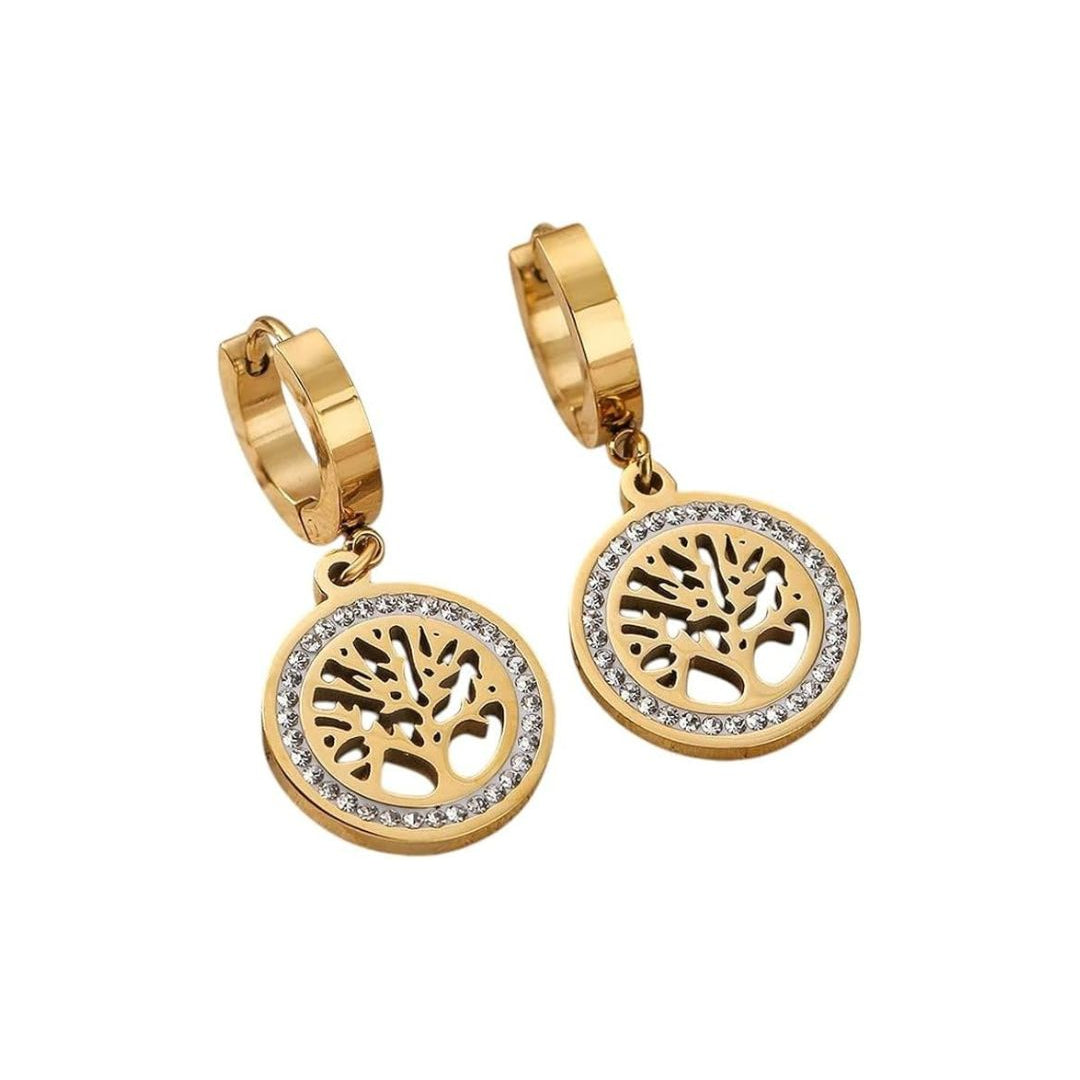 Elysia Tree of Life Diamond-Cut Earrings – 18k gold plated stainless steel round earrings