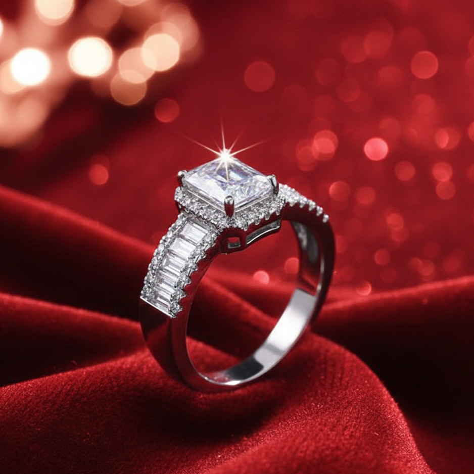 Diamond Engagement ring on a red fabric background with blurred lights