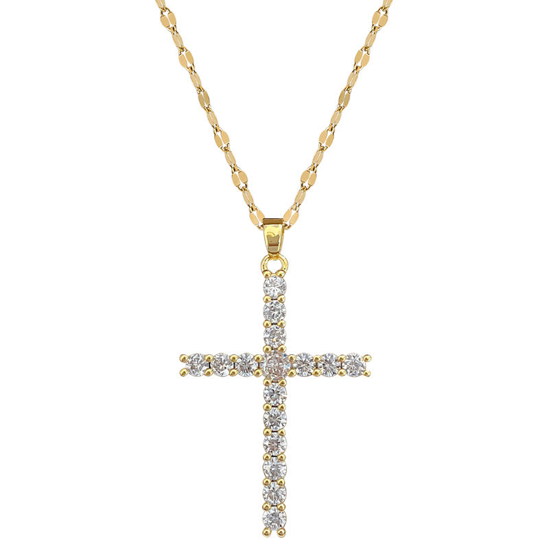 Gloria Cross Necklace – 18k gold plated stainless steel cross pendant with diamond-cut stones