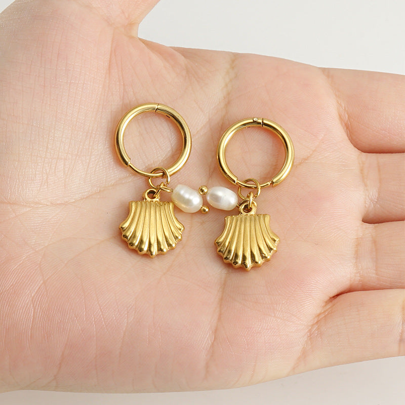Elegant shell pearl hoop earrings, lightweight tarnish-resistant gold jewelry