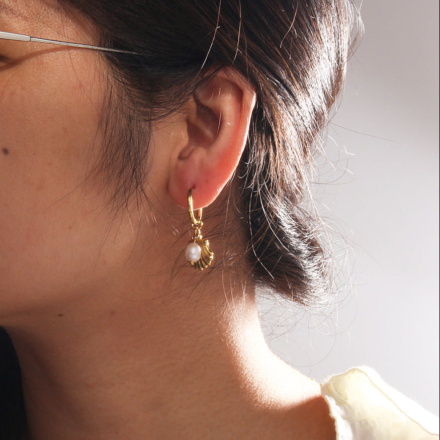 Gold plated hoop earrings with shell pendant and pearl, Mediterranean inspired jewelry