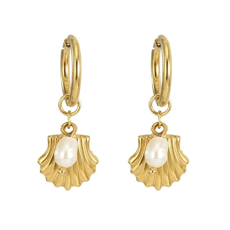 Santorini Shell Pearl Hoop Earrings – 18k gold plated hoops with freshwater pearl