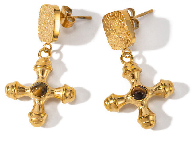 Saved by Grace Tiger Eye Cross Earrings – 18k gold plated stainless steel earrings with natural Tiger Eye stones