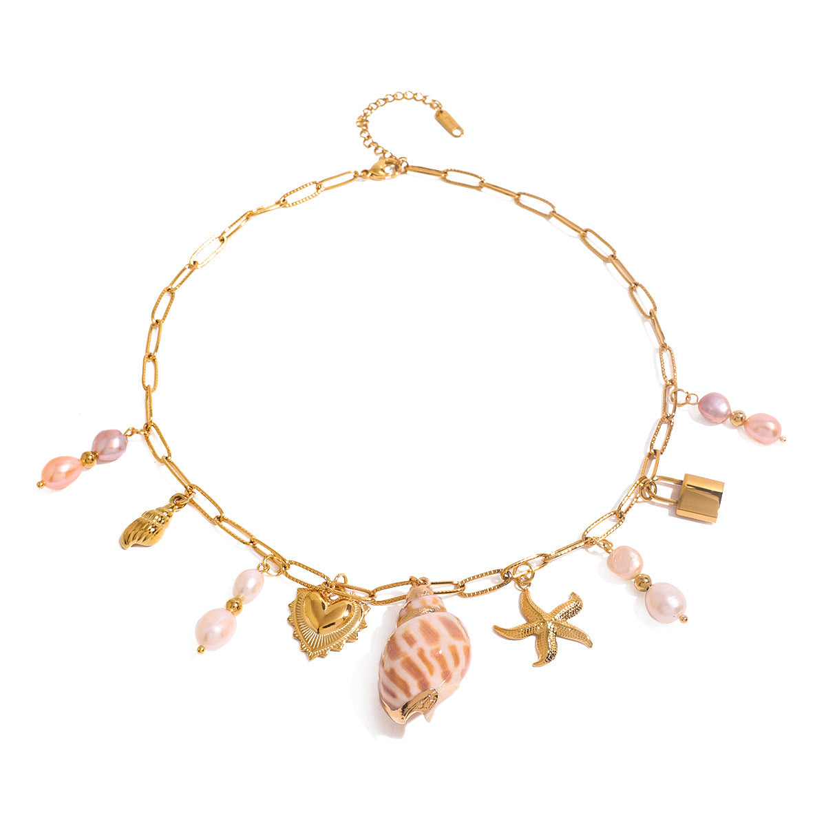 Shells of the Sea Necklace – 18k gold-plated jewelry with seashell, starfish, heart pendants and freshwater pearls