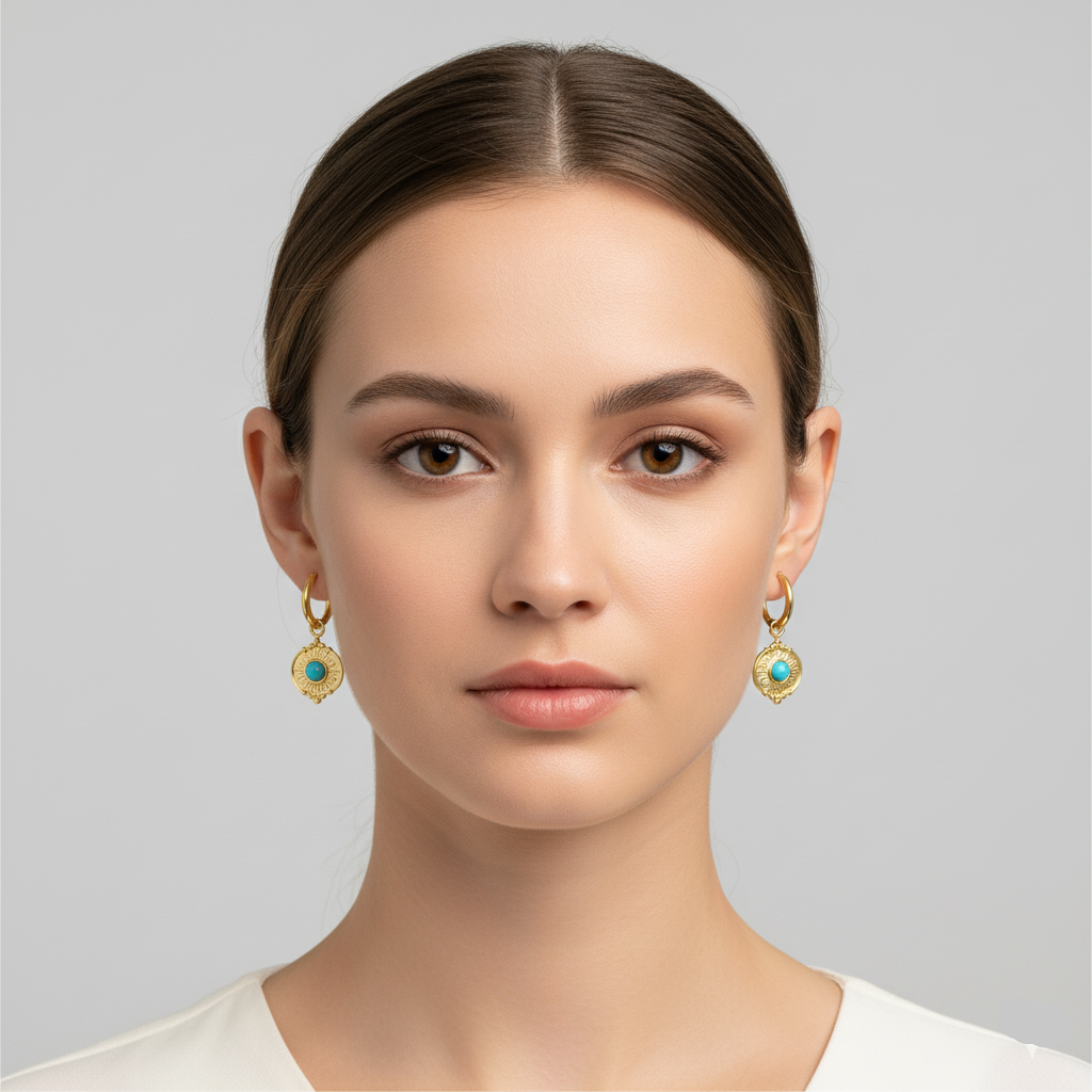 Model wearing Sorrento Turquoise Sunburst Hoop Earrings with sunray design