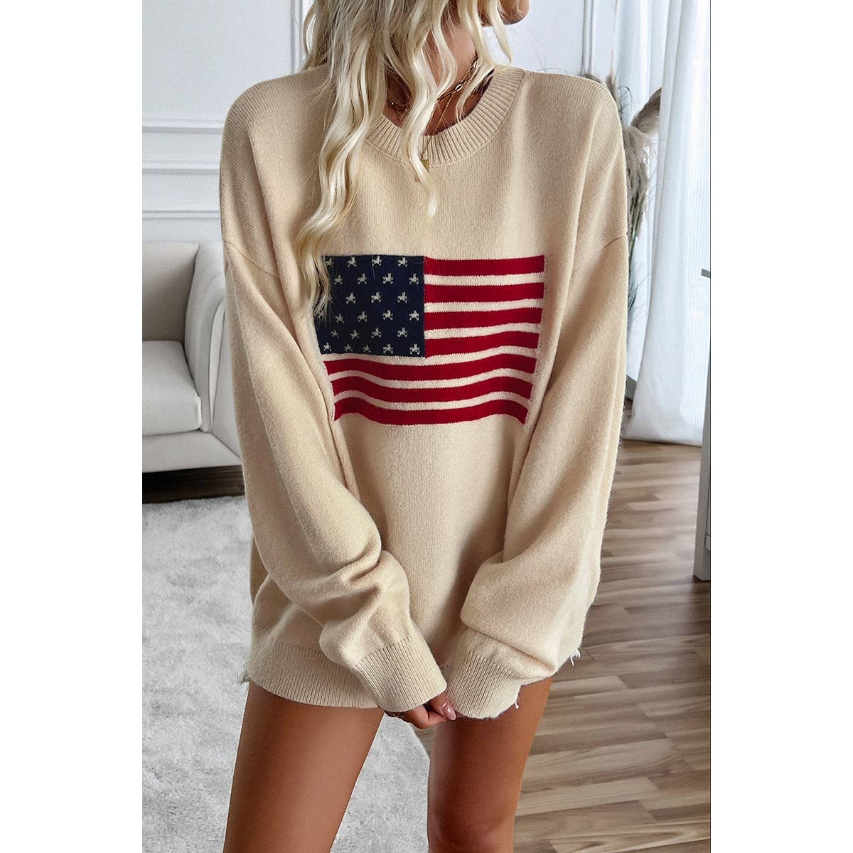 Knit Round Neck Flag Print Loose Fit Sweater - House Of Jedidiah
