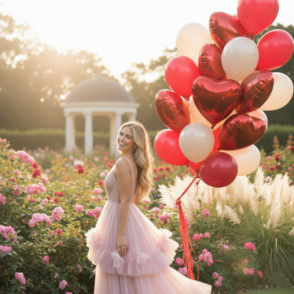 Woman in a garden holding red and white heart-shaped balloons in Valentine's day