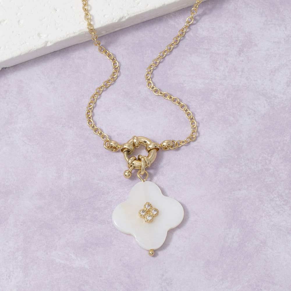 Shell Clover Pendant Necklace With Cz Center - House Of Jedidiah