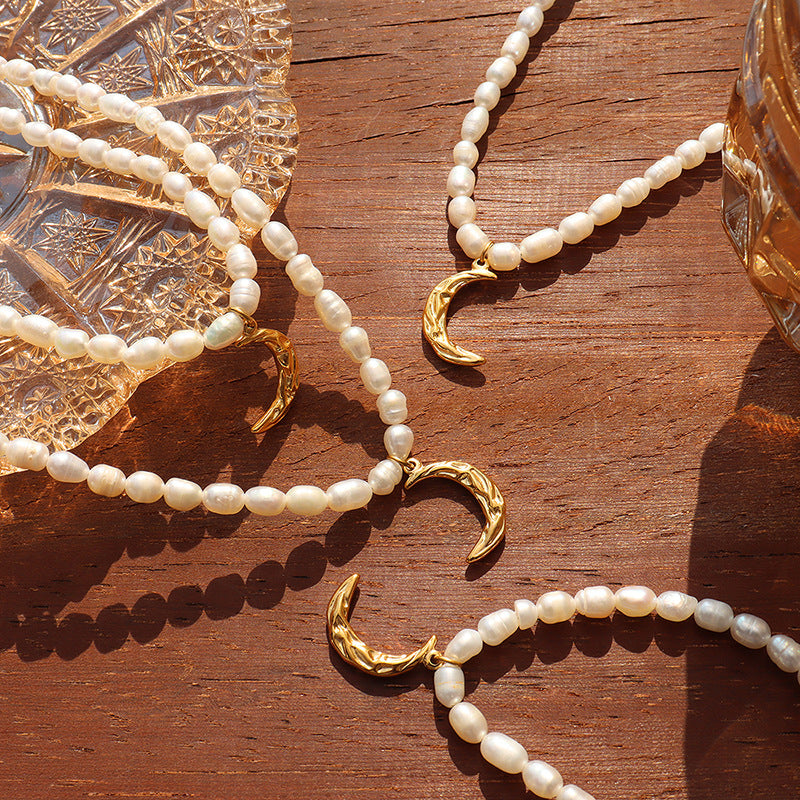 Luna Pearl Necklace – Freshwater Pearls & Gold-Plated Moon Pendant - House Of Jedidiah
