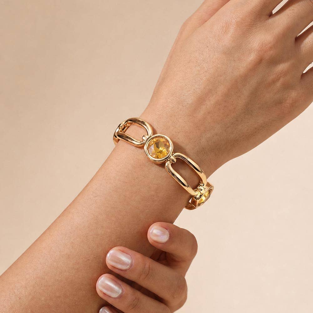 Round Crystal Hammered Metal Open Oval Stretch Bracelet