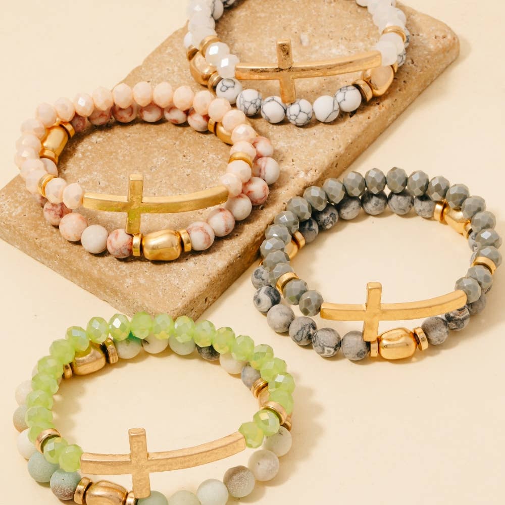Cross Charm Stone Beaded Bracelet Set - House Of Jedidiah