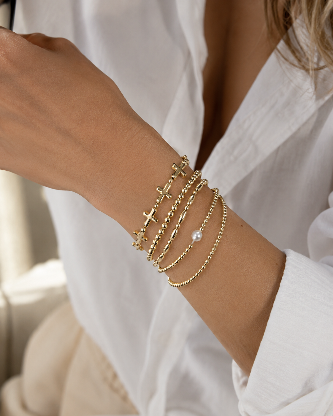 Cross & Pearl 5-Piece Stretch Bracelet Set