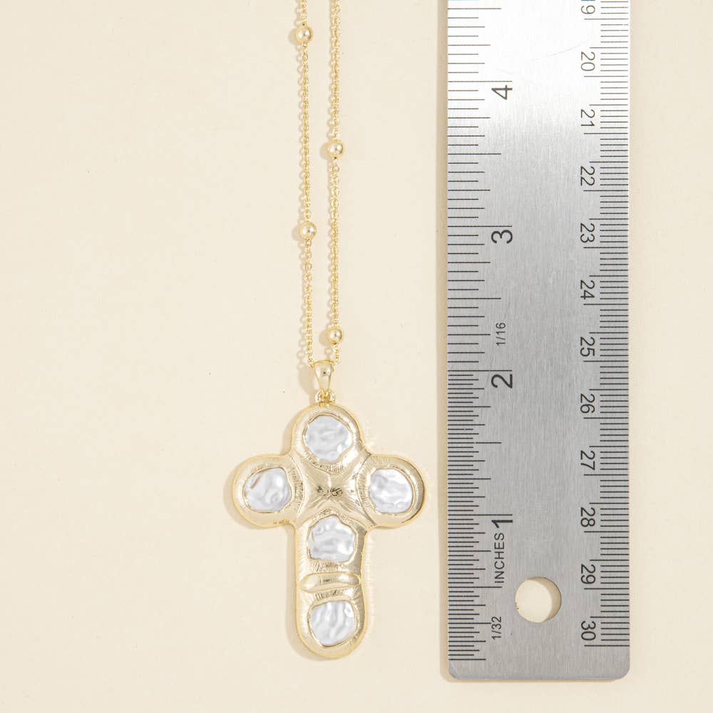 Sculpted Pearl Cross Bead Station Necklace - House Of Jedidiah