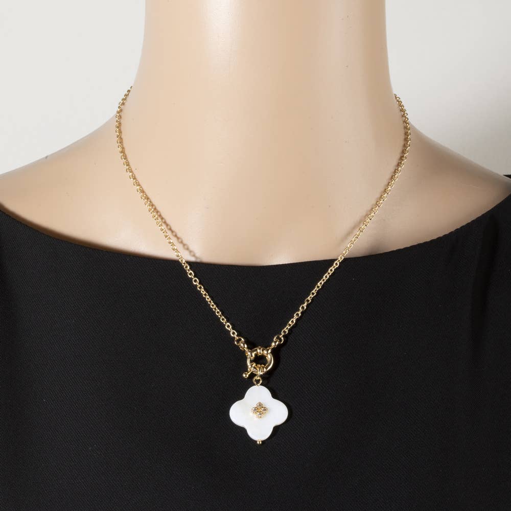 Shell Clover Pendant Necklace With Cz Center - House Of Jedidiah