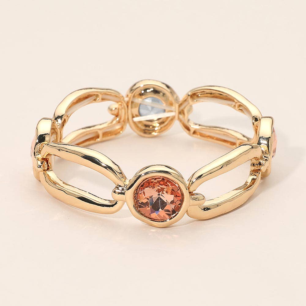 Round Crystal Hammered Metal Open Oval Stretch Bracelet