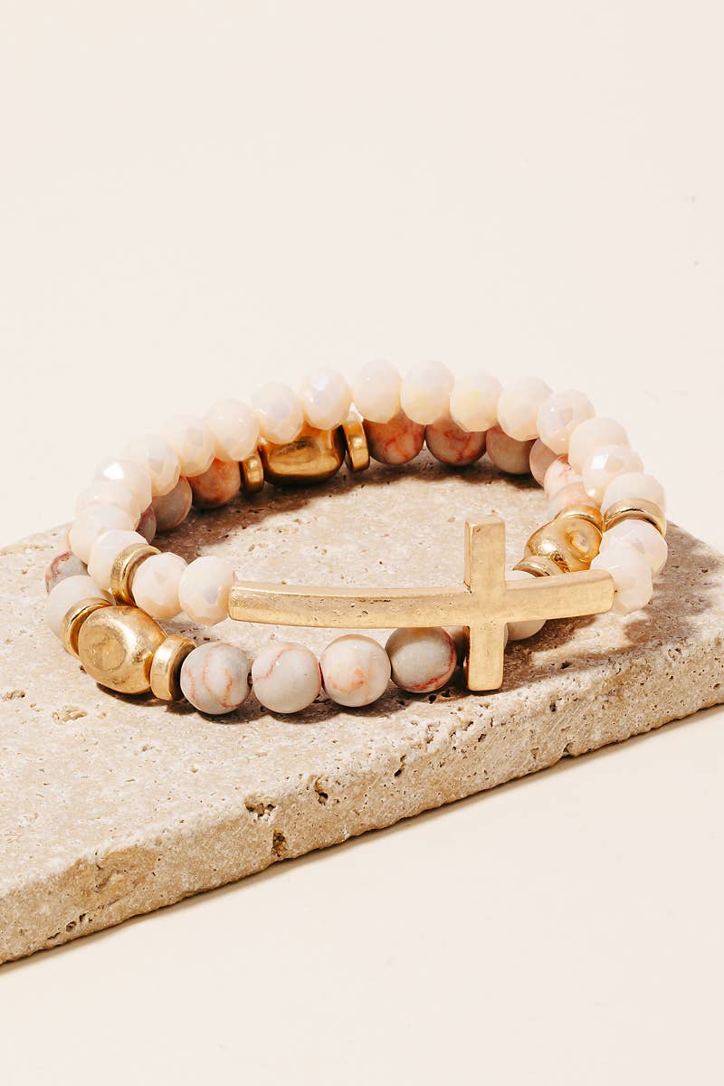Cross Charm Stone Beaded Bracelet Set - House Of Jedidiah