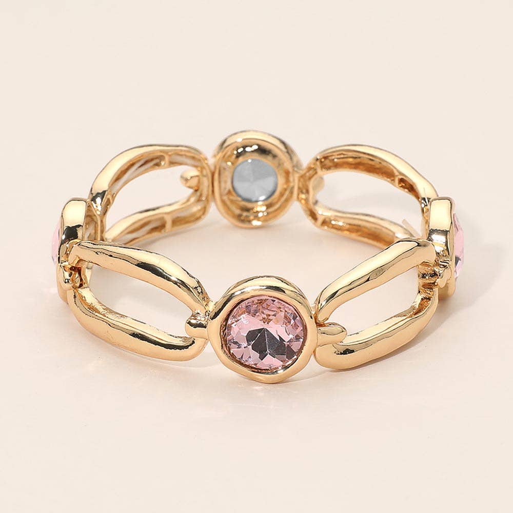 Round Crystal Hammered Metal Open Oval Stretch Bracelet