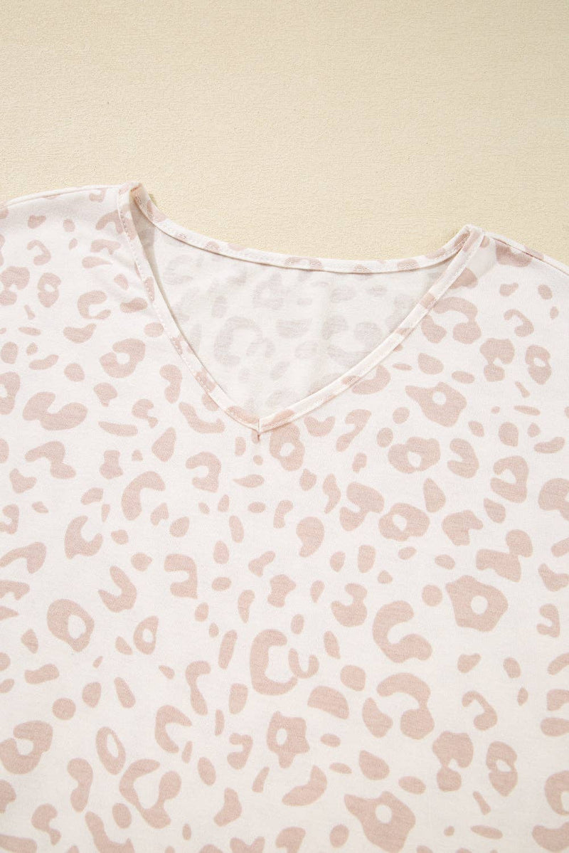 Beige Cheetah V Neck Tee and Pants Lounge Set - House Of Jedidiah