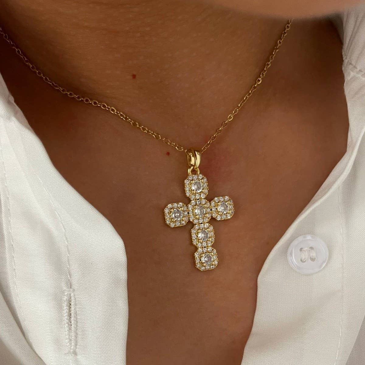 Rhinestone Cross Necklace | Gold Minimal Jewelry Accent Set - House Of Jedidiah
