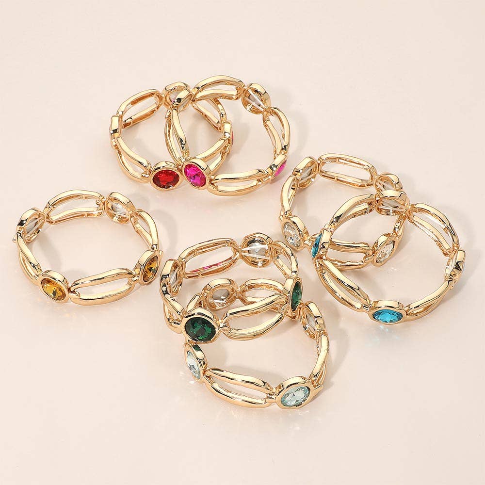 Round Crystal Hammered Metal Open Oval Stretch Bracelet
