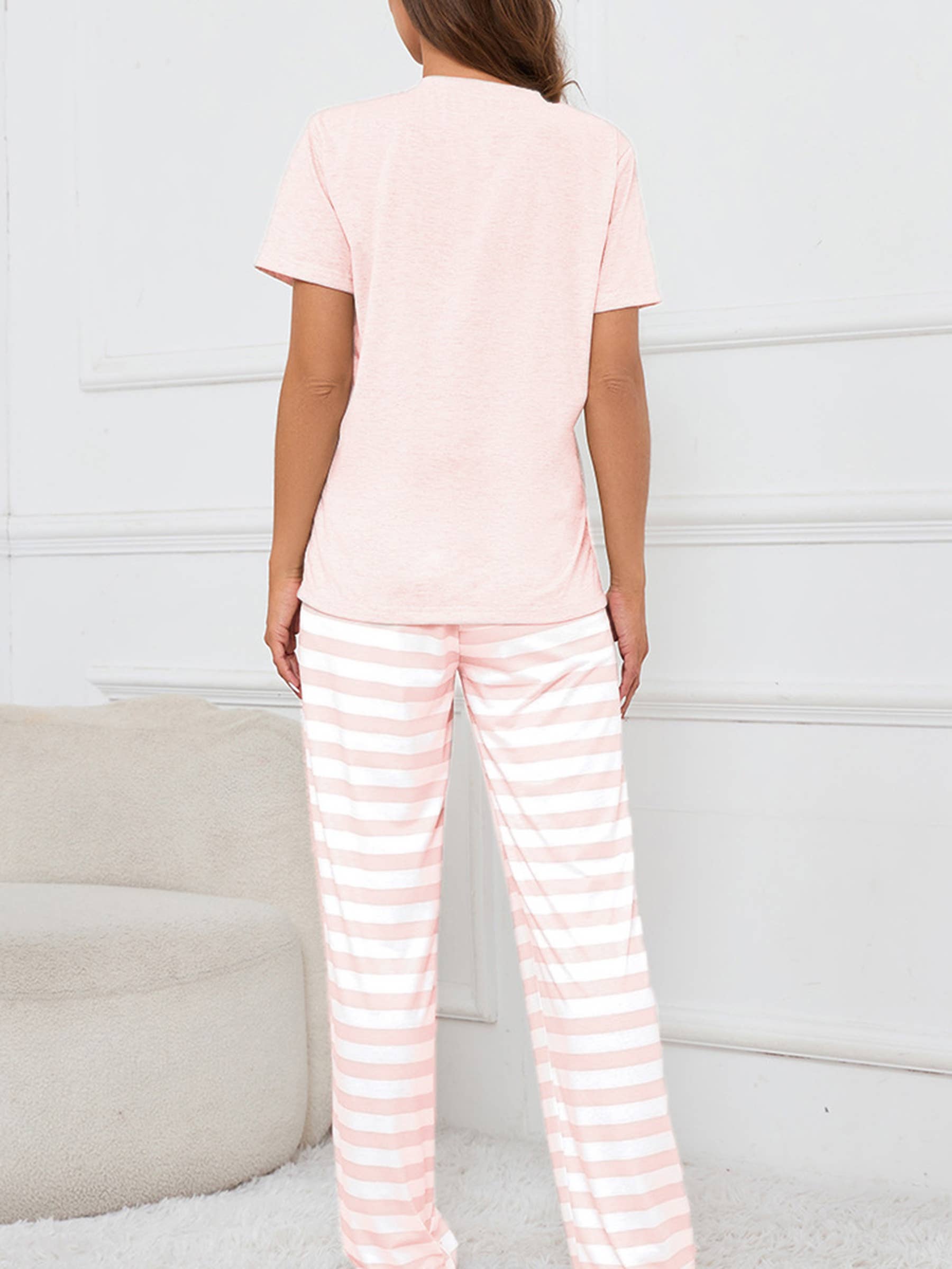 Short Sleeved Top With Striped Printed Drawstring Pants Set - House Of Jedidiah