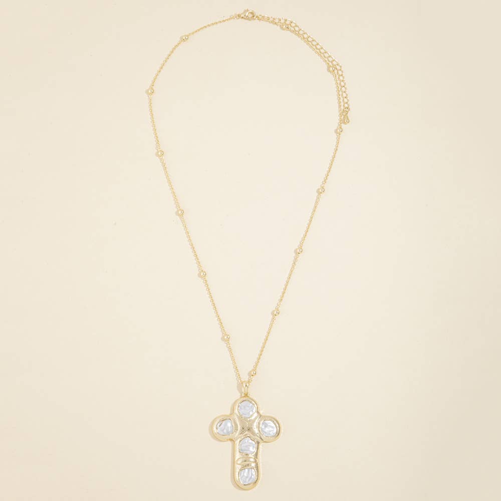 Sculpted Pearl Cross Bead Station Necklace - House Of Jedidiah