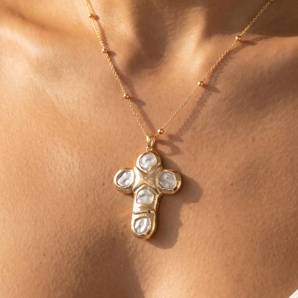 Sculpted Pearl Cross Bead Station Necklace - House Of Jedidiah