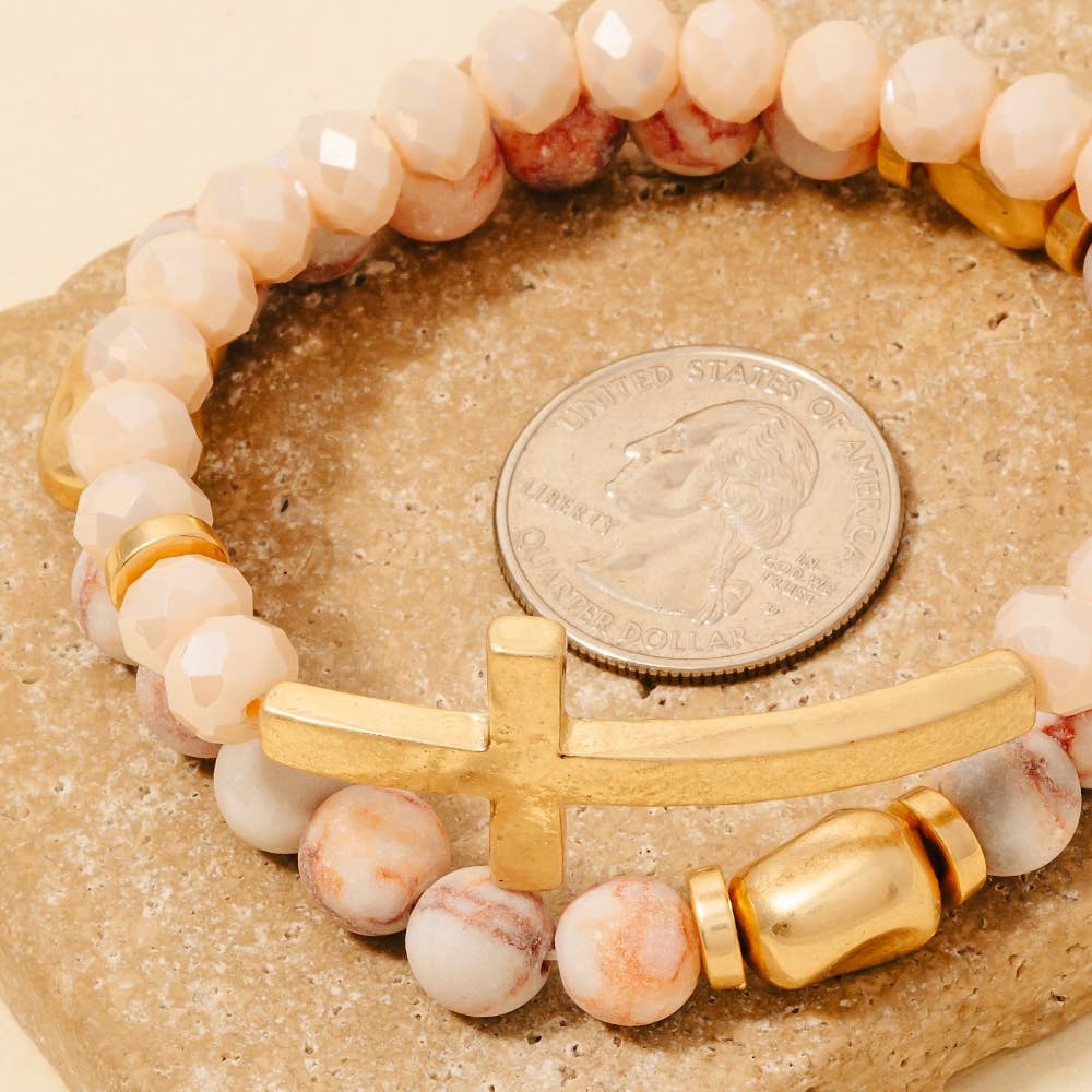 Cross Charm Stone Beaded Bracelet Set - House Of Jedidiah