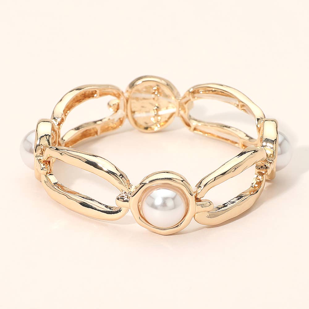 Round Crystal Hammered Metal Open Oval Stretch Bracelet